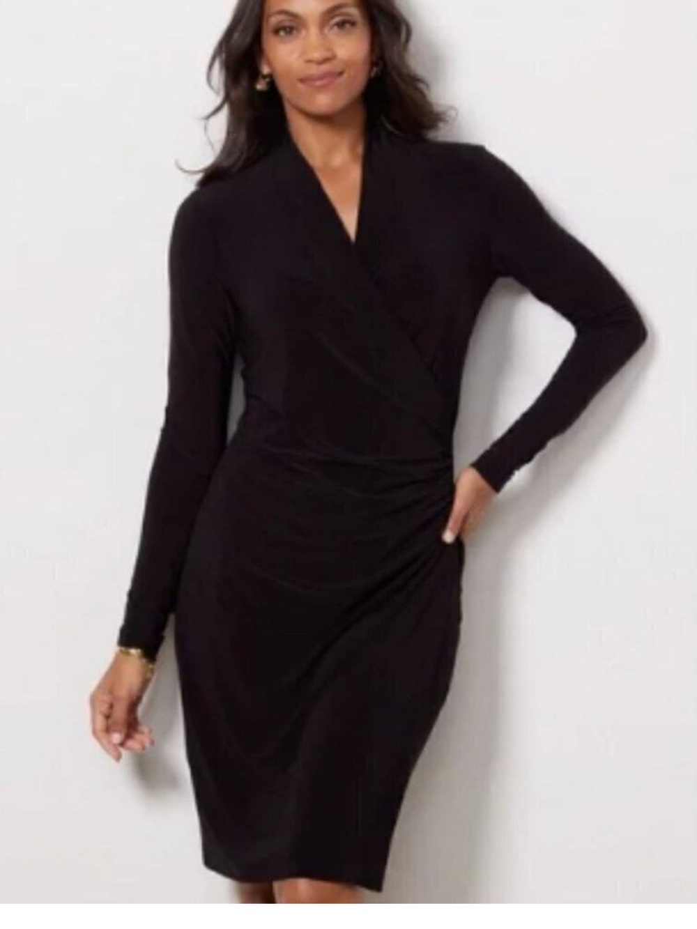 Norma Kamali Black Side Draped Faux Wrap Dress L LBD Long Sleeve Packable